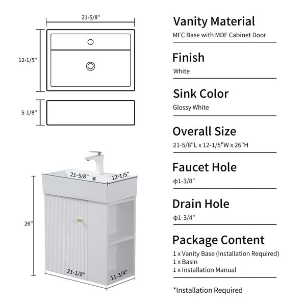 English Elm 21.6" Wall Mounted Bathroom Vanity Ceramic Sink Soft Close Cabinet Open Shelving White W1573S00091
