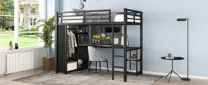 English Elm Twin Xl Loft Bed Frame With Desk & Wardrobe, Space-Saving Metal Design With Storage Shelves, Black W1580S00119-GIGA