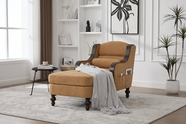 English Elm UNITED Oversized Chaise Lounge Sofa Bed with Solid Wood Arms, High-Resilience Foam, 800lb Capacity and Storage Pockets Mustard yellow W1568S00211