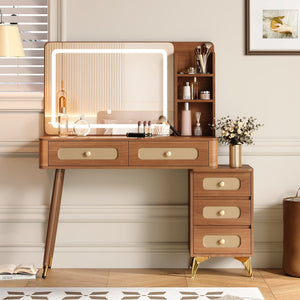 English Elm 47''Vintage Elegant Makeup Vanity with Lights and Mirror, 5-Drawer Rattan Design, Solid Wood Craftsmanship Walnut 46 L x 27 W x 8 H N733P337468M