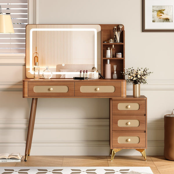 English Elm 47''Vintage Elegant Makeup Vanity with Lights and Mirror, 5-Drawer Rattan Design, Solid Wood Craftsmanship Walnut 46 L x 27 W x 8 H N733P337468M
