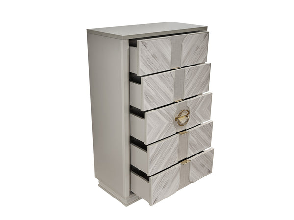 English Elm Eternity King 5PC Bedroom Set with Eucalyptus Veneer, High-Gloss Lacquer, Soft-Close Drawers & Storage B009S02049