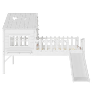 English Elm Twin Playhouse Loft Bed Solid Pine Frame with Slide Led Lights and Star Roof White W5316S00001