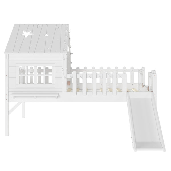 English Elm Twin Playhouse Loft Bed Solid Pine Frame with Slide Led Lights and Star Roof White W5316S00001
