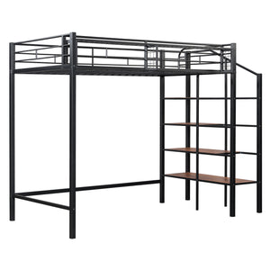 English Elm Twin Metal Loft Bed with Upper Grid Storage Shelf and 4-Layer Ladder Shelves for Space Saving Black SF100081AAB