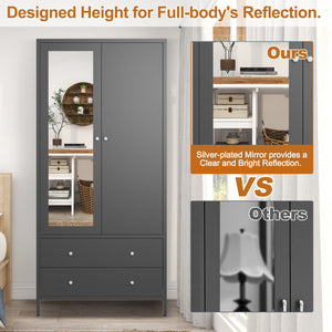 English Elm Metal Armoire Retro Steel Wardrobe with Mirror Door, 2 Drawers, Hanging Rod & Magnetic Closure, Dark Gray W2378P176281