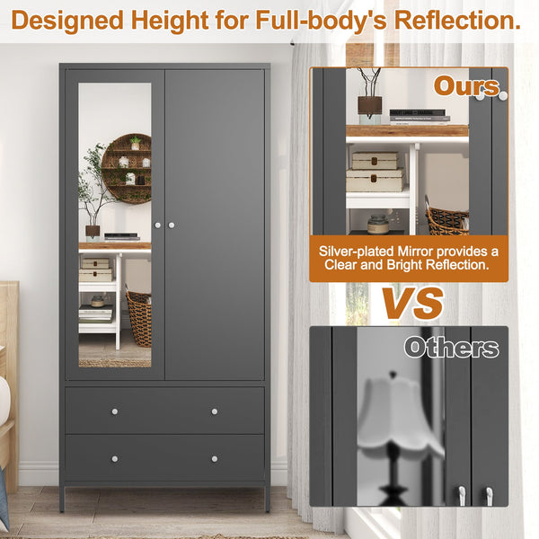 English Elm Metal Armoire Retro Steel Wardrobe with Mirror Door, 2 Drawers, Hanging Rod & Magnetic Closure, Dark Gray W2378P176281