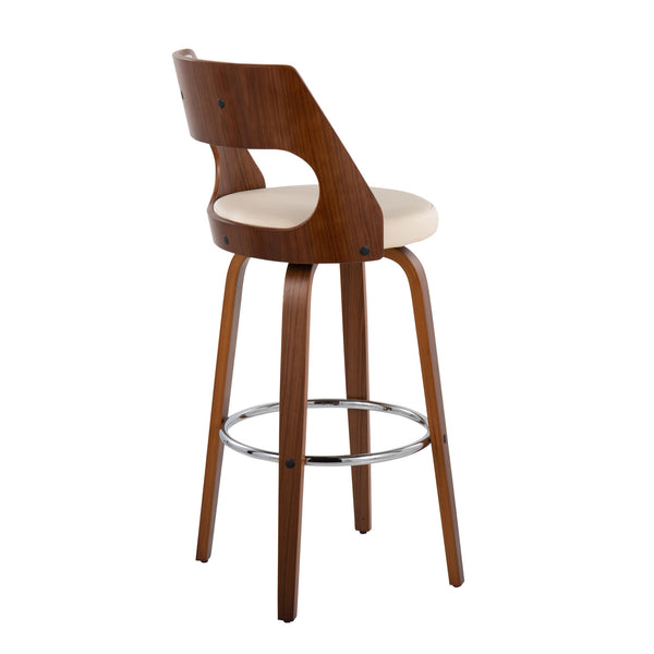 English Elm Cecina Mid-Century Barstool Set of 2 with Swivel, Walnut Frame, Faux Leather Upholstery, 360° Comfort Cream B202S00488