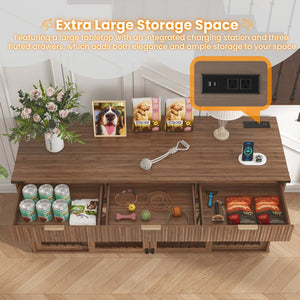 English Elm 71'' Walnut Woodgrain Dog Kennel Cabinet with Fluted Drawers and Built-in Power Station W5216S00002