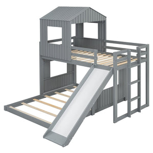 English Elm Wooden Twin Over Full Bunk Bed Farmhouse Playhouse Slide Pinewood Kids Loft Gray LT000328AAN