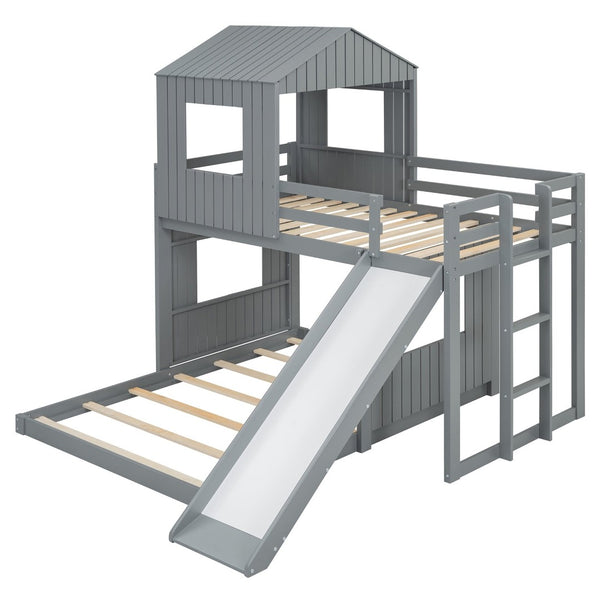 English Elm Wooden Twin Over Full Bunk Bed Farmhouse Playhouse Slide Pinewood Kids Loft Gray LT000328AAN