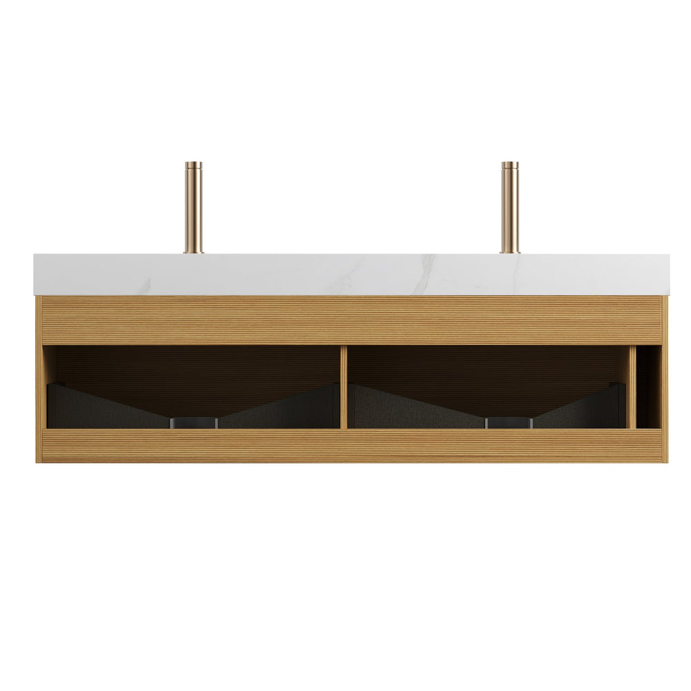 English Elm NYAH 60" Bathroom Vanity with Carrara White Sintered Stone Top, Dual Undermount Basins, LED Sensor Light, Soft-Close Drawers, Pre-Assembled Woodgrain Cabinet W2615S00368