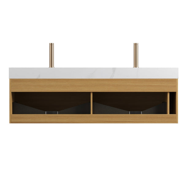 English Elm NYAH 60" Bathroom Vanity with Carrara White Sintered Stone Top, Dual Undermount Basins, LED Sensor Light, Soft-Close Drawers, Pre-Assembled Woodgrain Cabinet W2615S00368