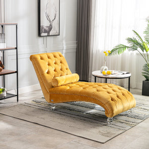 English Elm Velvet Curved Chaise Lounge Sofa with Button-Tufted Upholstery, Plush Foam Seat and Acrylic Legs Mustard W39538680