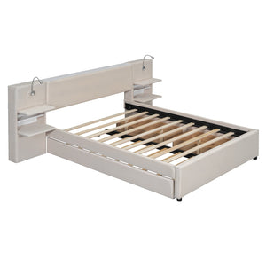 English Elm Queen Linen Upholstered Platform Bed with Storage Drawers, Trundle, Flip-Up Headboard & Lights Beige SF000187AAA