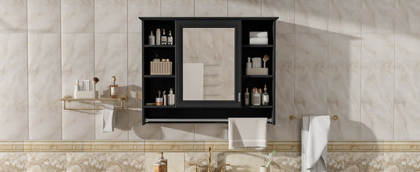 English Elm 3-in-1 Wall Mounted Medicine Cabinet with Soft Close Door Towel Bar and Vanity Mirror Black N710P358618B