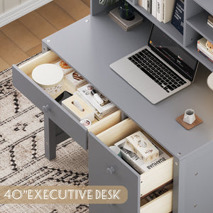 English Elm Vintage 40'' Home Executive Desk Set with Upholstered Chair and Built-In Bookshelf for Stylish Productivity Gray 44 L x 23 W x 13.5 H N733P272894E