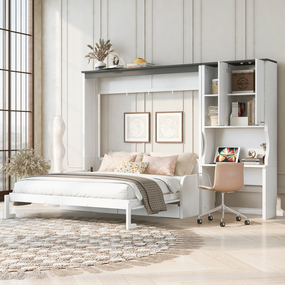 English Elm Multi-functional Queen Murphy Bed with Sofa Desk and Cabinet White Wood Frame N7090000606K-1