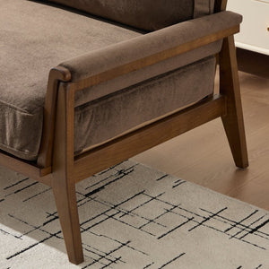 English Elm Mid-century Modern Boucle Upholstered Three Seat Sofa with Walnut Finish Wood Legs Dark Brown N773P411407D