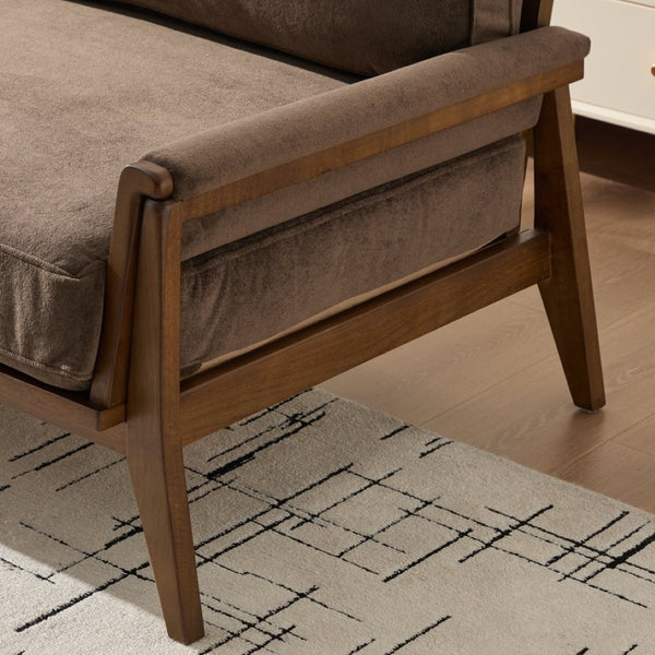 English Elm Mid-century Modern Boucle Upholstered Three Seat Sofa with Walnut Finish Wood Legs Dark Brown N773P411407D