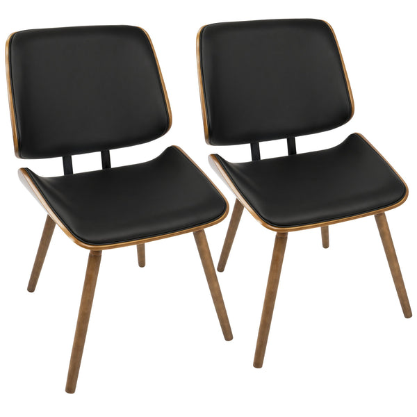 English Elm Lombardi Mid-Century Modern Dining Accent Chairs - Walnut Frame, Black Faux Leather, Set of 2, Padded Comfort B202P223862