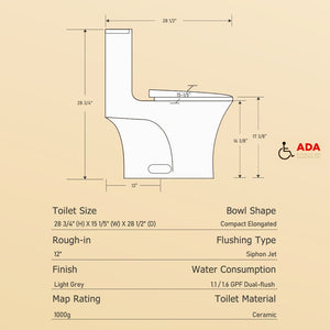 English Elm 1.1/1.60 Gpf Dual Flush One Piece Elongated Comfort Height Toilet with Soft Close Seat W1920P425618
