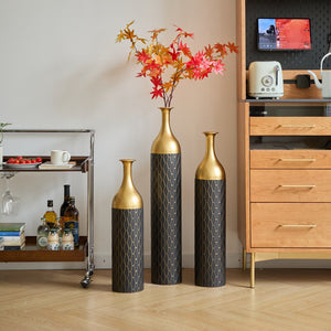 English Elm Black Black and Gold Metal Vase Set of 3 Tall Cylinder Floor Vases – Glam Textured Wedding & Home Décor W2796P278078