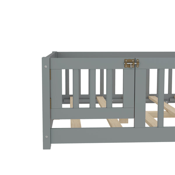 English Elm Full Floor Bed with Safety Guardrails and Play Door for Kids, Low Profile Pine Frame, 550lb Capacity Gray W1580P338951
