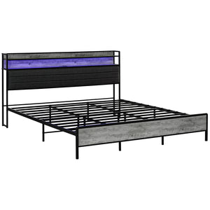 English Elm HOMCOM King Bed Frame with LED RGB Headboard, Charging Station, Under-Bed Storage, Quiet Steel Support W2225P249916