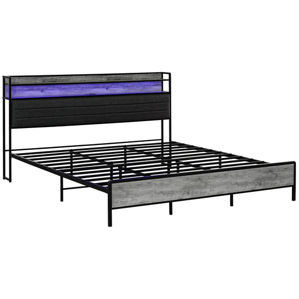 English Elm HOMCOM King Bed Frame with LED RGB Headboard, Charging Station, Under-Bed Storage, Quiet Steel Support W2225P249916