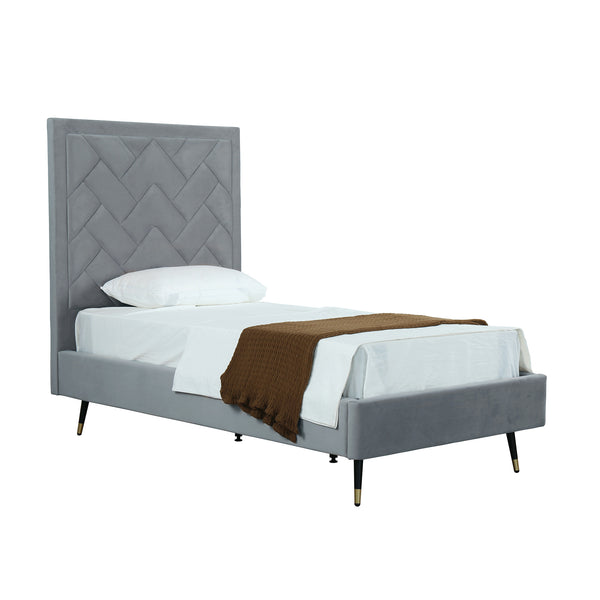 English Elm Crosby Twin Upholstered Velvet Bed with Chevron Stitched Headboard, Solid Slats, No Box Spring Needed Grey B365S00044