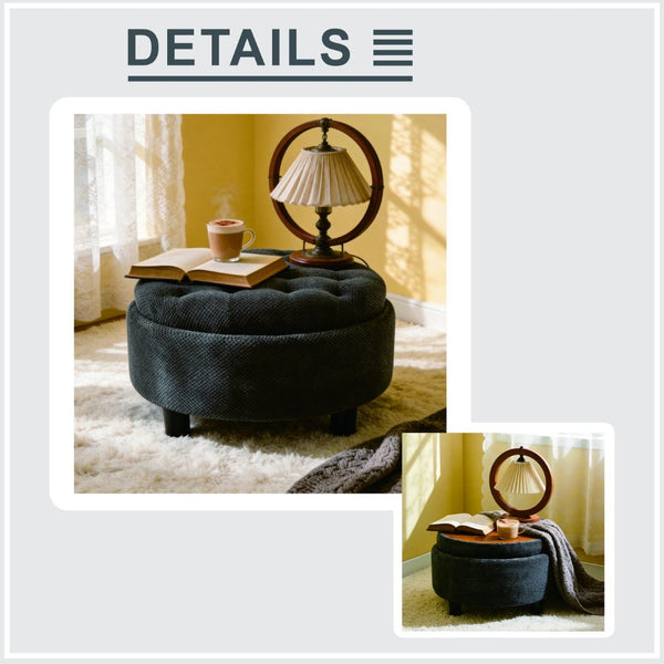 English Elm 25 Inch Round Fabric Pouf Ottoman with Removable Wooden Lid and Hidden Interior Storage Dark Grey W5568P461310