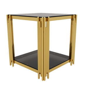 English Elm Modern Glam Rectangular Coffee Table with Mirrored Top Gold Sculptural Frame Open Shelf Black N735P380101B