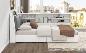 English Elm Wood Full Size platform bed with storage headboard, built-in shelves and drawers, sturdy pine frame, compact solution for small rooms White GX002054AAK