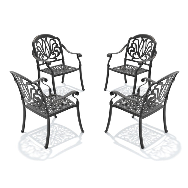 English Elm Cast Aluminum Outdoor Dining Chairs Set of 4 with Carved Relief Frame and Brown Cushions W1710S00504