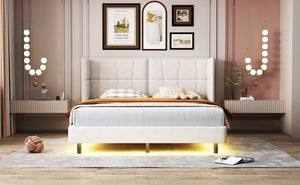 English Elm Queen Upholstered Platform Bed with LED Lights, U-Shaped Headboard, Linen Fabric, Sturdy Metal Legs Beige SF000151AAA