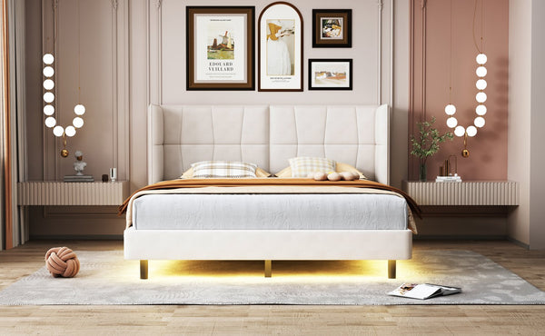 English Elm Queen Upholstered Platform Bed with LED Lights, U-Shaped Headboard, Linen Fabric, Sturdy Metal Legs Beige SF000151AAA
