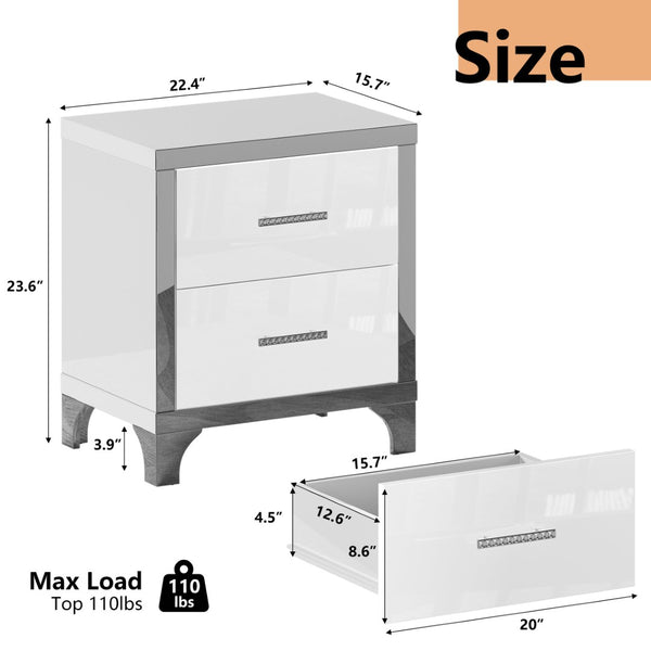 English Elm High Gloss Mirrored 2 Drawer Nightstand Slim Metal Legs Modern Bedroom Side Table White W5271P416521