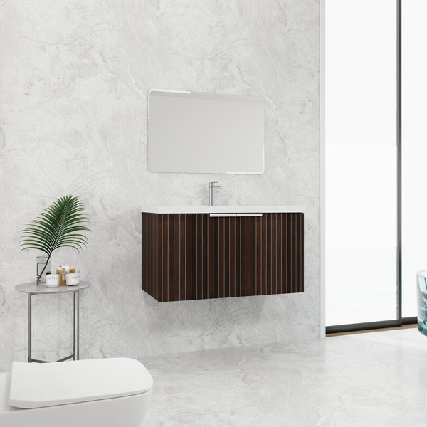 English Elm 36 Inch Silver-Brown Stripe Wall-Mounted Vanity with Resin Sink, Soft-Close Doors & Spacious Storage W999P204953