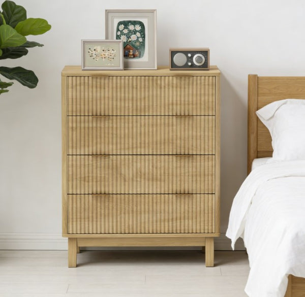 English Elm Closet Four Drawer Dresser with Fluted Fronts Gold Pulls and Natural Wood Finish T3971P431263