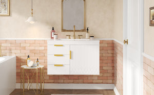 English Elm 30" Wall Mounted Bathroom Vanity with Ceramic Basin Sink, Floating Storage, Soft-Close Doors, Modern Elegance White N710P324096K