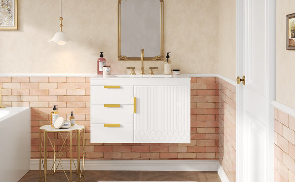 English Elm 30" Wall Mounted Bathroom Vanity with Ceramic Basin Sink, Floating Storage, Soft-Close Doors, Modern Elegance White N710P324096K
