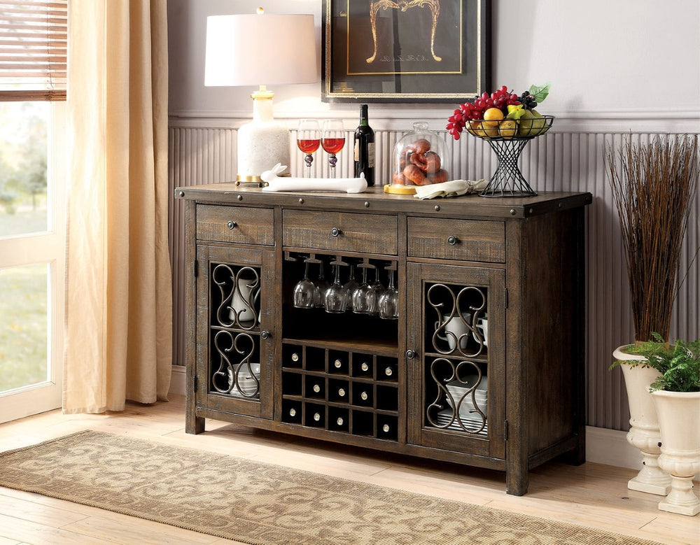 English Elm Rustic Walnut Solid Wood Dining Server with Wine Rack and Ornate Scroll Metalwork B2741P456486