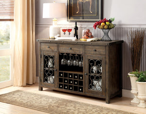 English Elm Rustic Walnut Solid Wood Dining Server with Wine Rack and Ornate Scroll Metalwork B2741P456486