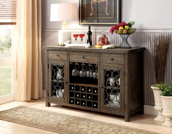 English Elm Rustic Walnut Solid Wood Dining Server with Wine Rack and Ornate Scroll Metalwork B2741P456486