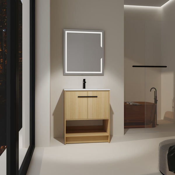 English Elm 30" Bathroom Vanity With Integrated Ceramic Sink, Soft-Close Doors & Open Shelf For Easy Storage W1972S00017