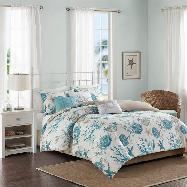 JLA Home Madison Park - 6 Piece Cotton Sateen Duvet Cover Set with Coastal Shell & Starfish Print, Embroidered Pillows, OEKO-TEX Certified Aqua MP12-8075