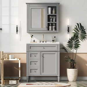 English Elm 30'' Modern Bathroom Vanity with Integrated Mirror Cabinet, Ceramic Sink, 3 Drawers & Ample Storage Grey SW000126AAE-1