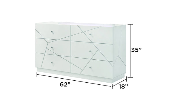 English Elm Manhattan White Dresser with Geometric Lacquer Finish, 6 Smooth-Glide Drawers & Red Velvet Liners G150108682