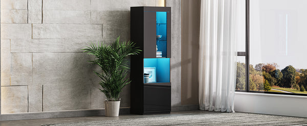 English Elm ON-TREND High Gloss LED Storage Cabinet with Acrylic Door, Tempered Glass Shelves & Anti-Tip Safety Black N721P192842B